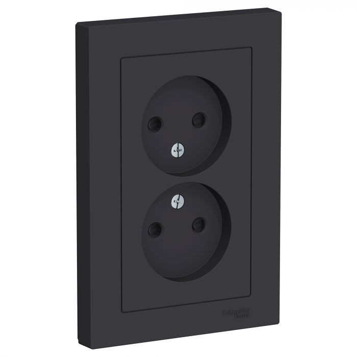 Розетка двойная Schneider Electric Atlas Design со шторками, без заземления, в сборе, карбон