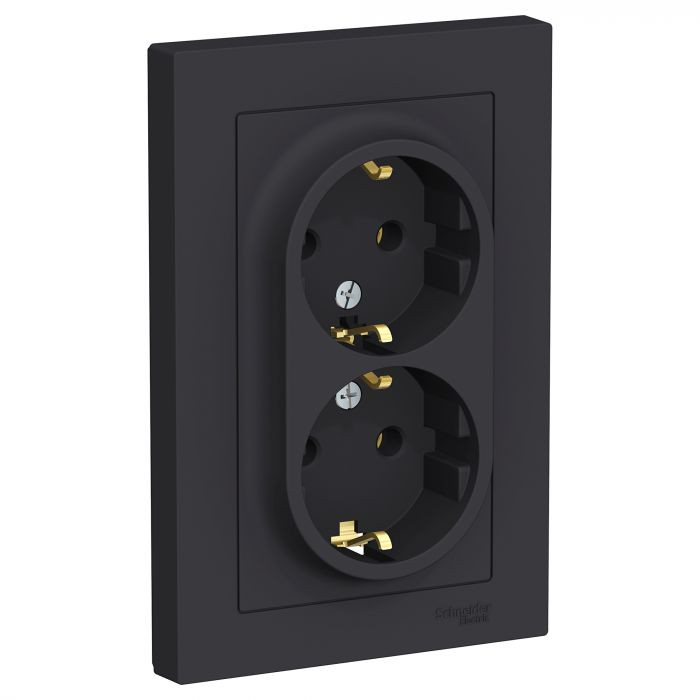Розетка двойная Schneider Electric Atlas Design в сборе, карбон