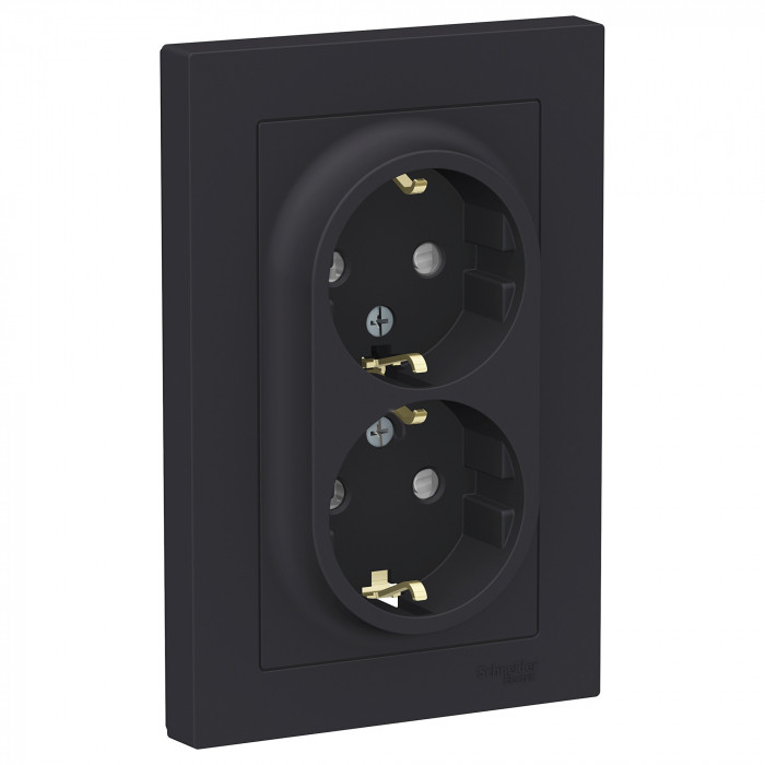Розетка двойная Schneider Electric Atlas Design со шторками, в сборе, карбон