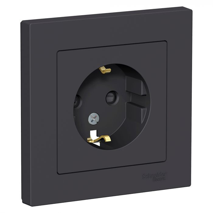 Розетка силовая Schneider Electric Atlas Design со шторками, в сборе, карбон