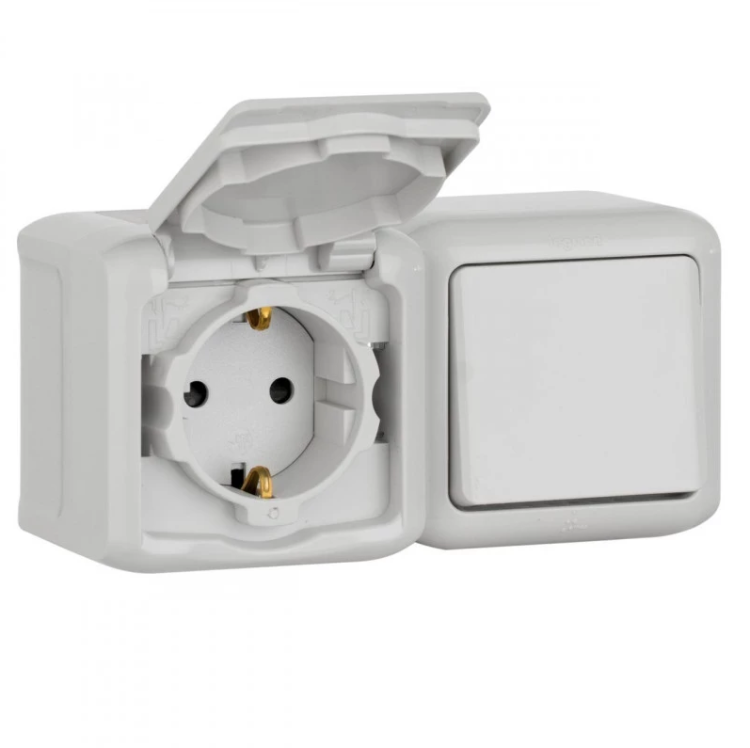 Выключатель+розетка со шторками Legrand Quteo серый IP44 782348