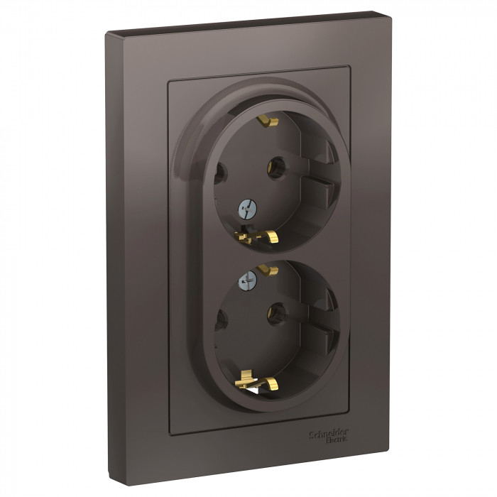 Розетка двойная Schneider Electric Atlas Design со шторками, в сборе, мокко