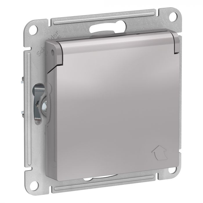 Розетка силовая Schneider Electric Atlas Design со шторками и крышкой, алюминий