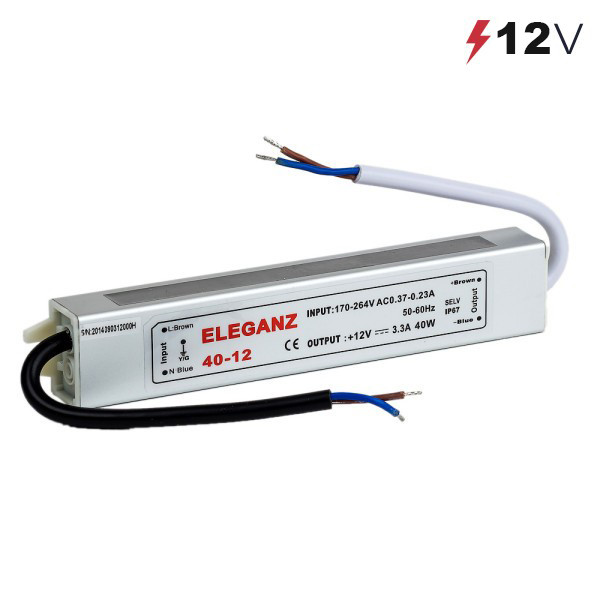 Блок питания Eleganz герметичный 40 Вт IP67 12В 180*30*20мм
