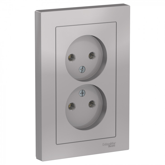 Розетка двойная Schneider Electric Atlas Design без заземления, в сборе, алюминий