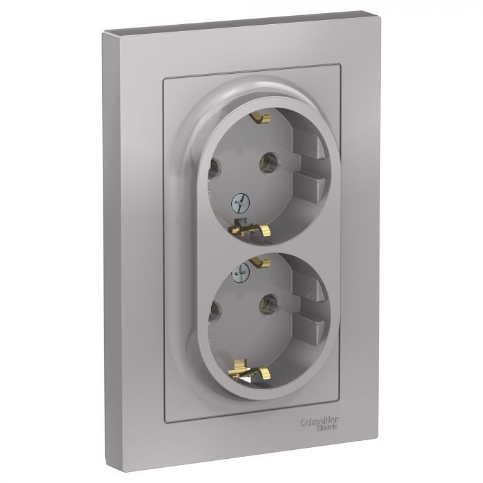 Розетка двойная Schneider Electric Atlas Design в сборе, алюминий