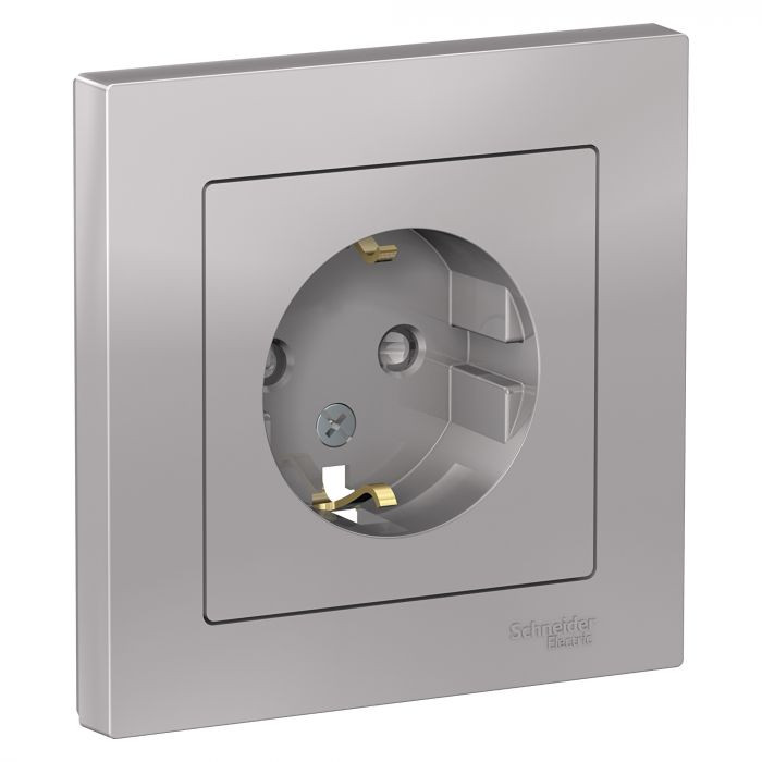 Розетка силовая Schneider Electric Atlas Design со шторками, в сборе, алюминий