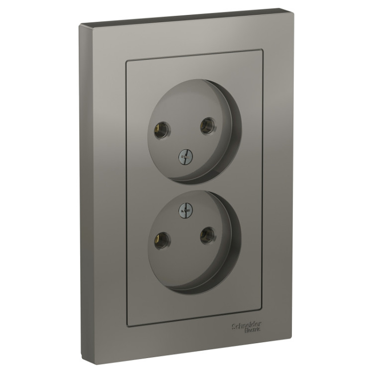 Розетка двойная Schneider Electric Atlas Design без заземления, в сборе, сталь