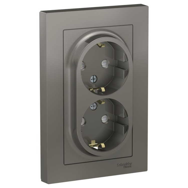 Розетка двойная Schneider Electric Atlas Design со шторками, в сборе, сталь