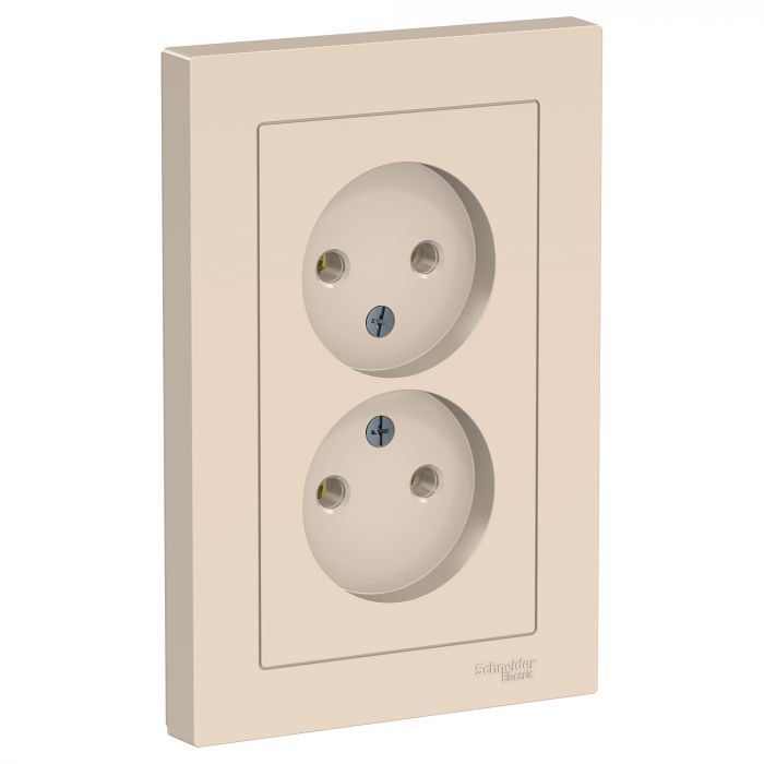Розетка двойная Schneider Electric Atlas Design со шторками, без заземления, в сборе, бежевая