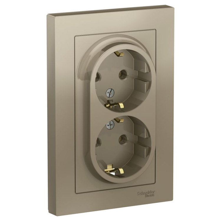 Розетка двойная Schneider Electric Atlas Design со шторками, в сборе, шампань