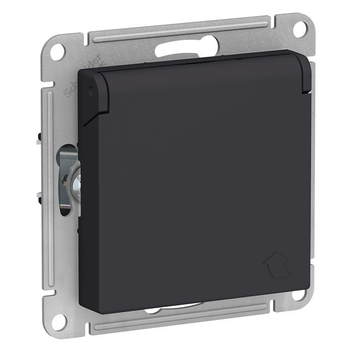 Розетка силовая Schneider Electric Atlas Design со шторками и крышкой, карбон